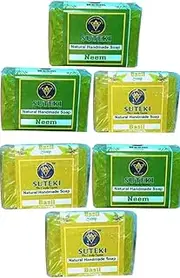 SUTEKI Natural Herbal Soap for All Types of Skins || 100% Hand Made Glycerin Base Soap,125 gm (Combo of 6) (Neem & Basil)