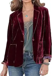 [DSAoTeng] Women's Lapel Collar Velvet Long Sleeve Blazer with Pocket-Casual Solid Color Slim Fit Open Front Jacket for Office Work Fall Coat