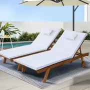 2x Gardeon Sun Lounge Wooden Lounger Outdoor Furniture Day Bed Wheel Patio White