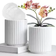 2Pack White Ceramic Orchid Pots Planter with Drip Trays and Cymbidium Basket wit