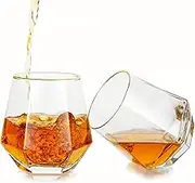 Hanobe Whiskey Glasses Set of 2 Diamond Wiskey Glasses with Gold Edge Set of 2 Unique Geometric Tilted Wine Cups Crystal Elegant Whisky Glass Drinking Bar Glassware Whiskey Glasses 10 oz Clear