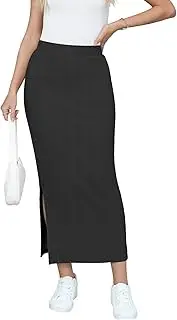 [Kinnette] Women's Maxi Skirt Fall Elastic High Waisted Side Slit Casual Stretchy Skirts