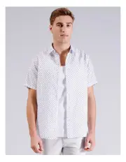 [Blaq] Matthew Geo Print Short Sleeve Linen Blend Shirt Blue