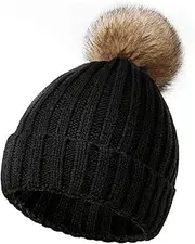 [Fullogo] Winter Hats for Women - Double Layer Fleece Line Beanie Hat, Stretch Womens Winter Hats Detachable Bobble Pom Hat Black