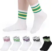 [Topbuti] 5 Pairs Novelty Socks for Women Retro Striped Crew Socks Athletic Sporty Calf Tube Sock Casual Cotton Stretchy Ankle Socks, Multi, One Size