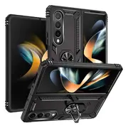 For Samsung Galaxy Z Fold 4 5G Case, Military Grade 360 Degree Rotating Metal Magnetic Ring Car Mount Holder Kickstand Shockproof Heavy Duty Cover (Black)