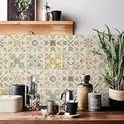 20pcs Beige Victorian Tile Stickers, Kitchen Bathroom Wall Tile Stickers Peel and Stick on Tile Transfers Covers Decals Self Adhesive Vinyl Waterproof Green Vintage Antique (15cm x 15cm, 6x6 inches)