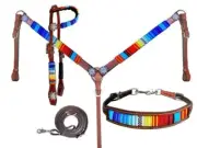 Showman Red, Yellow & Blue Beaded Leather Headstall & Breast Collar Set