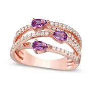 Pear-Shaped Amethyst and Lab-Created White Sapphire Three Stone Orbit Ring in Sterling Silver and Solid 14K Rose Gold Plate