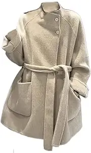 [nichangyuyi] Solid color stand up collar single breasted coat double sided women's woolen loose jacket