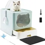 HelloMiao Fully Enclosed Cat Litter Box with Lid, Foldable Extra Large Cat Toilet, Drawer Type Cat Litter Tray with Plastic Scoop, Suitable for Cats Under 17.6Ib(8kg)