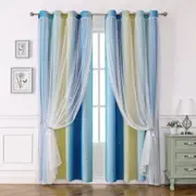 2 Panels Curtains for Kids Girls Bedroom Aesthetic Living Room Decor Colorful Double Layer, Star Cut Out Stripe Rainbow Window ,Blue/Yellow