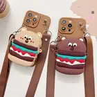 For iPhone Samsung 3D Hamburg Bear Crossbody Wallet Case Stand Phone Cover Strap