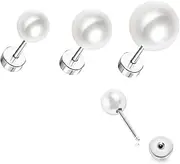 [Lyvixora] 3 Pairs Titanium Pearl Stud Earrings for Women & Girls - Hypoallergenic Flat Back Earrings for Sensitive Ears - Cartilage Tragus Piercing Studs - Threadless & Lightweight （4mm 5mm 7mm）