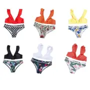 Women Sexy 2 Pieces Set Ruffle Backless Bra Printing Thong Swimsuit Suit
