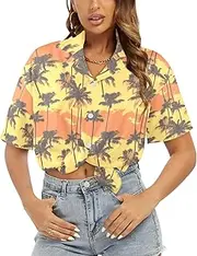 [Generic] Women's Short Sleeve T Shirt, Comfy Button Down T-Shirt,Soft Beach Summer Tops Blouses, Retro Sunset Palms-20