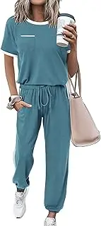 [Amkoyam] Women's Two-Piece Outfit: Summer Short Sleeve Top & Long Pants Jogger Lounge Set - Dark Blue - S, M, L, XL, XXL