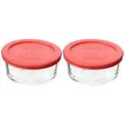 Pyrex (2) 7200 2 Cup Glass Bowls & (2) 7200-PC Red Lids