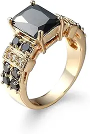 [Sdouefos] Black Onyx 14K Yellow Gold Filled Princess Cut Stone Gemstone Solitaire Ring Wedding Jewelry Ring (Available 6,7,8,9,10)