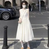 在飛比找蝦皮商城優惠-洋裝 小禮服 韓系新款女裝茶歇法式白色無袖連身裙小個子顯瘦背