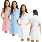 Women Short Sleeve Scrubs Lab Coat Medical Nurse Doctor White Coat Uniform Dress