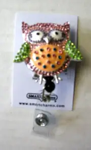 Owl ID Holder By Smart Charms, Multicolor Rhinestones, Retractable, Swivel, New