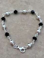 Sterling Silver 925 Black Faceted Crystal Bead Bracelet 7 Inch