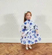 Dollhouse Girl Doll Long Hair Porcelain Poseable 1:12 Scale Blue & White Dress