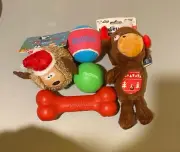 Bundle of Dog Toys Five Items, 2 new Balls and 2 new with Tag Toys, 1 used Bone