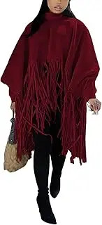xxxiticat Women's Fringe Suede Poncho Long Sleeve High Neck Asymmetric Tassel Shawl Cape Cloak Oversized Pullover Jacket