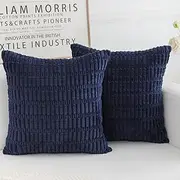 HERAYLI Corduroy Decorative Throw Pillow Covers, Boho Stripe Soft Square Cushion Case Home Decor for Living Room Couch Bed Sofa, Set of 2 Pack, Dark Blue, 18x18 Inch