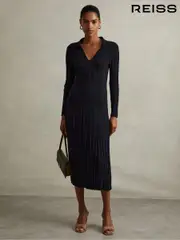 Reiss Navy Winnie Knitted Open-Collar Midi Dress (E33459) | $395