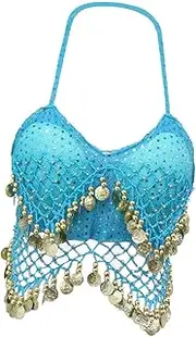 [Ｓｉｍｈｏａ] Sequin Crop Top Belly Dance Halter Bra Top for Festival Performance Nightclub