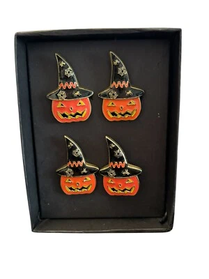 Tahari Home Halloween Set of 4 Enamel Metal Napkin Rings Pumpkin Witch Hat