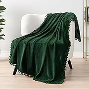 PAVILIA Pom Pom Blanket Throw, Emerald Green Dark | Soft Fleece Pompom Fringe Blanket for Couch Bed Sofa | Decorative Cozy Plush Warm Flannel Velvet Tassel Throw Blanket, 50x60