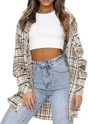 [LACOZY] Womens Flannel Checked Shirts Long Sleeve Oversized Buffalo Plaid Shirt Collar Button Down Blouses Tops