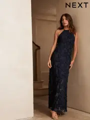 Navy Blue Occasion Floral Textured Maxi Dress (AP2236) | $116