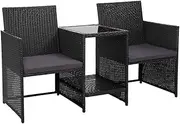 Gardeon Patio Furniture Wicker 2 Seater Loveseat Bistro Set Table and Chairs, Outdoor Lounge Setting Garden Bench Backyard Porch, with Cushions Built-in Coffee Table Black