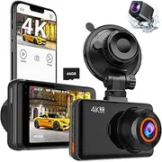 Dashcam Car Front Rear Dasch Cam 4K + 1080P WiFi Car Camera with 64G SD Card, 3 Inch IPS Screen Dashcam with App Control, 170° Ultra Wide Angle Night Vision, G-Sensor, Loop Recording, Parking