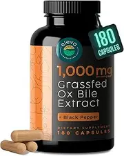 Grass-Fed Ox Bile 1000mg Bile Salts Supplements with Black Pepper. Bile Acid Factors Support Digestive Enzymes Such as Amylase, Lipase and Bromelain Supplements - 180 Count
