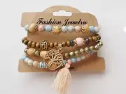 Set of 4 Bohemian Style Beaded StretchBracelets Tassel & Tree of Life Charms NEW