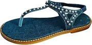 [Generic] Women's Summer Fashion Clip Toe Denim Applique Beaded Sandals Outdoor Casual Flat Sandals Women with Clear Strap