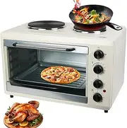 56L Mini Oven, 2000W Electric Countertop Cooker with Double Hotplate Hob and Grill Rack, Adjustable Temperature and Timer, Table Top Grill Ovens for Stir-Fried Vegetables, Hot Pot and Grilling