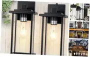 Dusk to Dawn Black Outdoor Wall Lanterns - 2-Pack with Tempered Glass for