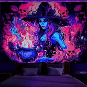 Blacklight Witch Tapestry UV Reactive Skull Tapestries Magic Potion Fire Tapestr