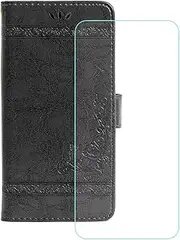 LCEHTOGYE Cover for Motorola Moto G54 + HD Tempered Glass,Shell PU BracketBumper Protective Back Case - Anti-Scratch Screen Protector for Motorola Moto G54-YSLH - Gray