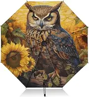 [PDZRMY] Sunflower Vintage Owl UV Protection Travel Umbrella Compact for Rain and Sun - Auto Open and Close UPF 50+ Windproof Portable 46” Sun Umbrella for Women and Men