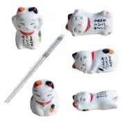 Chopstick Holder Japanese Style Ceramic Lucky Cat Chopsticks Rest Set 5Pcs Rack