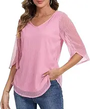 [BILIKE JOMEX] Women's 3/4 Sleeve Glitter Blouses Dressy Sparkly Double Layers Mesh Tunic Tops