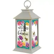 13"H "WELCOME GARDEN" Lantern with LED Flicker Flameless Candle Timer B/O 57159